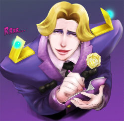 Rule 34 | 1boy, ace attorney, black bow, black necktie, blonde hair, book, bow, cellphone, corsage, earrings, eyeshadow, florent l&#039;belle, formal, from above, jewelry, makeup, male focus, necktie, open book, phoenix wright: ace attorney - dual destinies, phone, purple background, purple suit, short hair, smile, solo, stud earrings, suit, writing, yumi (soak1111)