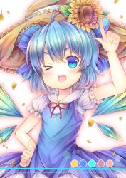 Rule 34 | 1girl, bad id, bad pixiv id, blue eyes, blue hair, cirno, coa (chroo x), flower, hair ribbon, hat, hat flower, ice, ice wings, matching hair/eyes, one eye closed, petals, ribbon, solo, straw hat, sunflower, touhou, wings, wink