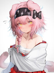 Rule 34 | 1girl, absurdres, animal ears, arknights, bare shoulders, black bow, black hairband, blush, bow, braid, breasts, cat ears, cat tail, cleavage, closed mouth, collarbone, cowboy shot, female focus, flying sweatdrops, frown, goldenglow (arknights), hair bow, hairband, hakama, highres, japanese clothes, kimono, lightning bolt print, long hair, long sleeves, looking at viewer, miko, off shoulder, open clothes, open kimono, paw pose, pink hair, red hakama, sarashi, side braid, simple background, small breasts, solo, tab head, tail, white background, white bow, white kimono, wide sleeves, yellow eyes