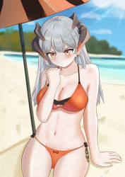 Rule 34 | 1girl, arknights, arm support, bare arms, bare shoulders, beach, beach umbrella, bikini, bkjhjh, blush, breasts, chinese commentary, cleavage, commentary request, cowboy shot, earrings, feathers, groin, hand up, highres, horns, jewelry, long hair, looking at viewer, medium breasts, navel, orange bikini, orange eyes, orange umbrella, outdoors, rhine lab logo, saria (arknights), silver hair, sitting, solo, stomach, swimsuit, umbrella, v-shaped eyebrows