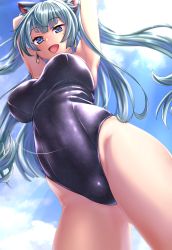 Rule 34 | 1girl, :d, animal ears, aqua hair, armpits, arms behind head, arms up, black one-piece swimsuit, blue eyes, blue sky, breasts, commentary request, competition swimsuit, copyright request, day, earrings, from below, gluteal fold, highres, jewelry, kobamiso (kobalt), large breasts, light rays, long hair, looking at viewer, looking down, mole, mole under eye, one-piece swimsuit, open mouth, outdoors, sky, smile, solo, sunbeam, sunlight, swimsuit, thighs, two side up, very long hair