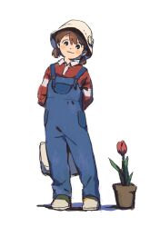 Rule 34 | 14go han, 1girl, arms behind back, bag, blush stickers, brown hair, bucket hat, denim, female focus, flower, flower pot, full body, hat, hat ornament, head tilt, highres, holding, holding bag, long sleeves, low twintails, original, overalls, shoes, short twintails, simple background, smile, solo, standing, tulip, twintails, white background