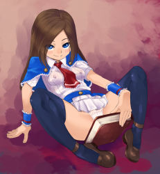 Rule 34 | 1girl, arm support, ascot, bad id, bad tumblr id, blue eyes, brown hair, capelet, castlevania (series), castlevania: portrait of ruin, charlotte aulin, female focus, long hair, lying, panties, skirt, smile, solo, stupa13a, thighhighs, underwear