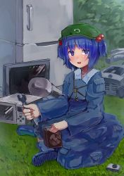 Rule 34 | 1girl, blue eyes, blue hair, blush, boots, bubble, combination wrench, grass, hair bobbles, hair ornament, hat, highres, holding, indian style, kawashiro nitori, key, long sleeves, machine, matching hair/eyes, microwave, nattsuhan, plant, pocket, refrigerator, rubber boots, shirt, short twintails, sitting, skirt, skirt set, smile, solo, touhou, twintails, two side up, vacuum cleaner, wrench