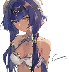 Rule 34 | 1girl, absurdres, bare shoulders, black hairband, blue eyes, blunt bangs, candace (genshin impact), character name, dark-skinned female, dark skin, expressionless, eye of horus, genshin impact, gold trim, hair intakes, hair over shoulder, hairband, heterochromia, highres, looking at viewer, simple background, solo, twintails, upper body, white background, yellow eyes, yutou (yutou75)