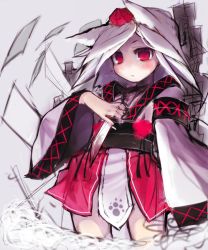 1girl adapted_costume alternate_costume alternate_hairstyle animal_ears bad_id bad_pixiv_id blush female_focus hat htm_(gixig) inubashiri_momiji knife no_nose no_pants paper red_eyes short_hair solo tokin_hat touhou white_hair wolf_ears