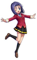 Rule 34 | 1girl, ;d, black skirt, black socks, blazer, blue eyes, blue hair, breasts, closed jacket, dragon quest, dragon quest ix, eyelashes, jacket, loafers, long sleeves, medium hair, miniskirt, necktie, official art, one eye closed, open mouth, parted bangs, pleated skirt, red jacket, rikka (dq9), school uniform, shoes, simple background, skirt, small breasts, smile, socks, solo, standing, standing on one leg, thighs, toriyama akira