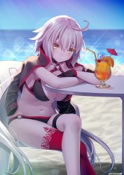 Rule 34 | 1girl, ahoge, backlighting, bare arms, bikini, black bikini, black gloves, blue sky, blurry, breasts, chair, cleavage, closed mouth, collarbone, commentary request, crossed legs, cup, depth of field, drinking glass, drinking straw, expressionless, fate/grand order, fate (series), food, fruit, gloves, halterneck, horizon, hurricane glass, jeanne d&#039;arc alter (swimsuit berserker) (fate), jeanne d&#039;arc (fate), jeanne d&#039;arc alter (fate), jeanne d&#039;arc alter (swimsuit berserker) (fate), large breasts, lens flare, light rays, long hair, long sleeves, looking at viewer, navel, ne-on, ocean, orange (fruit), orange slice, outdoors, red thighhighs, shrug (clothing), silver hair, single thighhigh, sitting, sky, solo, stomach, sunlight, swimsuit, table, thigh strap, thighhighs, thighs, tropical drink, very long hair, yellow eyes