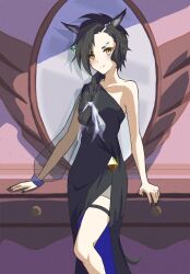 Rule 34 | 1girl, air shakur (umamusume), alternate hairstyle, animal ears, asymmetrical bangs, black dress, black hair, black nails, blush, braid, braided ponytail, breasts, closed mouth, dress, ear piercing, eyebrow piercing, feet out of frame, highres, horse ears, horse girl, horse tail, kii (tcw10310301), long hair, looking at viewer, mirror, piercing, see-through, see-through sleeves, single bare shoulder, single sleeve, small breasts, smile, solo, standing, tail, thighhighs, umamusume, white thighhighs, yellow eyes