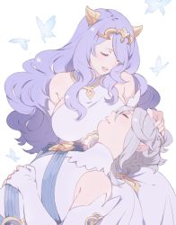 Rule 34 | 1boy, 1girl, ai-wa, bug, butterfly, camilla (fire emblem), closed eyes, commission, corrin (fire emblem), corrin (male) (fire emblem), corrin (male) (fire emblem), dress, elbow gloves, fire emblem, fire emblem fates, fire emblem heroes, gloves, hand on another&#039;s head, highres, insect, lap pillow, long hair, nintendo, open mouth, pointy ears, purple hair, simple background, tiara, white background, white gloves, white hair