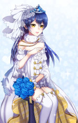 Rule 34 | 1girl, blue flower, blue hair, blush, bouquet, bridal veil, commentary request, detached sleeves, dress, flower, frills, hand on own chest, long hair, love live!, love live! school idol festival, love live! school idol project, open mouth, shorts, simple background, sitting, solo, sonoda umi, strapless, strapless dress, thighhighs, tiara, tora (tora factory), veil, wedding, wedding dress, white thighhighs, yellow eyes
