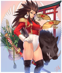 Rule 34 | 1girl, 2019, animal, bamboo, boots, brown hair, chinese zodiac, flower, gloves, green eyes, hand fan, hand on own hip, highres, katana, leotard, long hair, ogami, original, parted lips, pig, red flower, scabbard, sheath, signature, sword, thigh boots, thighhighs, torii, tusks, weapon, white flower, white gloves, white leotard, year of the pig