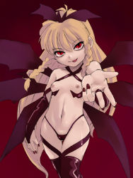 Rule 34 | 1girl, :p, bad end, blonde hair, braid, breasts, cameltoe, castlevania (series), castlevania: rondo of blood, corruption, dark persona, demon girl, female focus, long hair, maria renard, midriff, navel, nipples, red eyes, slit pupils, small breasts, solo, stupa13a, demon girl, thighhighs, tongue, tongue out, wings