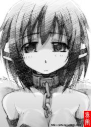 Rule 34 | 1girl, breasts, chain, cleavage, collar, female focus, gofu, greyscale, ikaros, monochrome, sketch, solo, sora no otoshimono, spot color, traditional media, white background