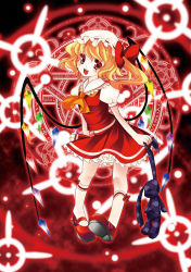 Rule 34 | 1girl, akao, blonde hair, danmaku, female focus, flandre scarlet, full body, hat, magic circle, mary janes, shoes, side ponytail, skirt, solo, stuffed animal, stuffed toy, embodiment of scarlet devil, touhou, wings