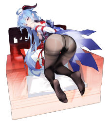 Rule 34 | 1girl, absurdres, arms behind back, ass, back, bare shoulders, bdsm, black pantyhose, blue hair, blush, bound, bound arms, chair, covered erect nipples, feet, ganyu (genshin impact), genshin impact, highres, horns, kneeling, legs, long hair, looking at viewer, no shoes, panties, panties under pantyhose, pantyhose, soles, solo, toes, underwear, white panties, x-red flower, yellow eyes