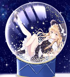 Rule 34 | 1girl, apron, bad id, bad pixiv id, black footwear, black hat, black skirt, black vest, blonde hair, blush, braid, commentary request, expressionless, hair ribbon, hat, hat ribbon, high collar, holding, holding star, in container, kirisame marisa, knee up, leg lift, long hair, looking at viewer, mary janes, nibosi, open mouth, parted lips, petticoat, puffy short sleeves, puffy sleeves, reclining, ribbon, shirt, shoes, short sleeves, single braid, skirt, snow globe, socks, solo, space, star (symbol), star ornament, touhou, tress ribbon, very long hair, vest, waist apron, white shirt, white socks, witch hat, yellow eyes