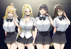 Rule 34 | 4girls, adjusting eyewear, aimi (sky-freedom), anniversary, arm behind back, banknote, black bow, black bowtie, black choker, black hair, black skirt, blonde hair, blunt bangs, bow, bowtie, breasts, brown hair, choker, cleavage, glasses, green eyes, hand on own hip, highres, hime cut, holding, holding money, large breasts, looking at viewer, mole, mole under mouth, money, multiple girls, original, pleated skirt, ponytail, purple eyes, rena (sky-freedom), school uniform, shirt, skirt, sky-freedom, tented shirt, v, white shirt, yellow eyes, yui (sky-freedom), yurie (sky-freedom)
