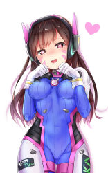 Rule 34 | 1girl, bodysuit, breasts, brown eyes, brown hair, byoc12, clenched hands, covered navel, cowboy shot, d.va (overwatch), facial mark, gloves, head tilt, headphones, heart, heart-shaped pupils, highres, long hair, looking at viewer, medium breasts, open mouth, overwatch, overwatch 1, pilot suit, simple background, smile, solo, symbol-shaped pupils, whisker markings, white background, white gloves