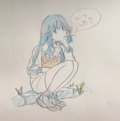 Rule 34 | 1girl, blue hair, elbow rest, food, green eyes, jacket, kill la kill, legs together, long sleeves, looking at viewer, matoi ryuuko, mouth hold, multicolored hair, red hair, shorts, sidewalk, sitting, solo, stick, streaked hair, sushio, traditional media, translation request, weeds