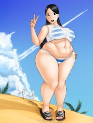Rule 34 | 1girl, bad id, bad twitter id, bikini, black eyes, black hair, blush, breasts, full body, highres, large breasts, long hair, looking at viewer, open mouth, original, plump, see-through, smile, solo, standing, swimsuit, thick thighs, thighs, toroboro, v, wide hips