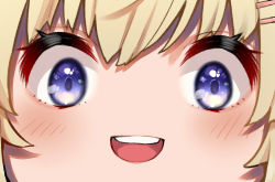 Rule 34 | 1girl, :d, blonde hair, blush, close-up, hair ornament, hairclip, hololive, looking at viewer, mikan (chipstar182), open mouth, purple eyes, smile, solo, teeth, tsunomaki watame, tsunomaki watame (1st costume), upper teeth only, virtual youtuber, wide-eyed