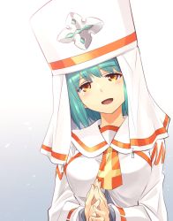 Rule 34 | 1girl, absurdres, blue hair, breasts, gradient background, green hair, highres, ishiyumi, looking at viewer, medium breasts, open mouth, orange eyes, original, own hands together, portrait, priestess, sailor collar, short hair, smile, solo, veil