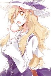 Rule 34 | 1girl, 6 (yuchae), :o, blonde hair, breasts, collared shirt, dress, eating, hat, highres, large breasts, looking at viewer, open mouth, shirt, simple background, solo, touhou, watatsuki no toyohime, yellow eyes