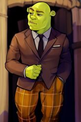 Rule 34 | 1boy, bald, black necktie, brown jacket, clenched hand, collared shirt, colored skin, green skin, hand in pocket, highres, jacket, loodncrood, looking to the side, male focus, necktie, ogre, shirt, shrek, shrek (series), solo, standing, white shirt