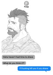 Rule 34 | 1boy, alternate facial hair, artist name, bara, beard, call of duty, call of duty: modern warfare 2, chat log, dilfborne (ventiskull), english text, facial hair, fake screenshot, from side, greyscale, highres, implied yaoi, large pectorals, long sideburns, looking at viewer, male focus, mature male, military, military uniform, mohawk, monochrome, muscular, muscular male, mustache, nipples, partially colored, pectorals, fake phone screenshot, profanity, short hair, sideburns, smile, soap (modern warfare 2), solo, speech bubble, stubble, undercut, uniform, upper body