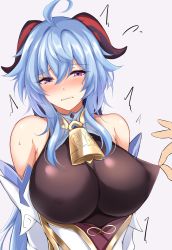 Rule 34 | 1girl, ahoge, bare shoulders, blue hair, blush, breasts, commentary request, detached sleeves, ganyu (genshin impact), genshin impact, grey background, highres, horns, huge breasts, long hair, looking at viewer, neck bell, nose blush, paid reward available, purple eyes, simple background, solo focus, upper body, watarase piro, white background