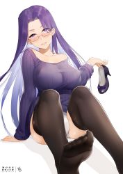 Rule 34 | 1girl, black thighhighs, breasts, covered erect nipples, eyes visible through hair, fate/stay night, fate (series), feet, glasses, high heels, highres, large breasts, long hair, medusa (fate), medusa (rider) (fate), off shoulder, panties, pantyshot, purple eyes, purple hair, shoes, simple background, sitting, soles, solo, sweater, thighhighs, toes, underwear, unworn shoe, unworn shoes, very long hair, white background, yueguang zhanglang