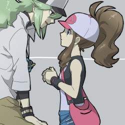 Rule 34 | 10s, 1boy, 1girl, bad id, bad pixiv id, bag, baseball cap, blue eyes, bream-tan, brown hair, couple, creatures (company), denim, denim shorts, eye contact, game freak, green eyes, green hair, handbag, hat, height difference, hetero, high ponytail, hilda (pokemon), jewelry, looking at another, n (pokemon), necklace, nintendo, pokemon, pokemon bw, ponytail, shorts, size difference, vest, wristband