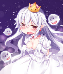 Rule 34 | 1girl, blush, boo (mario), breasts, cleavage, dress, frills, gloves, hair between eyes, long hair, looking at viewer, luigi&#039;s mansion, mario (series), medium breasts, murasakio, new super mario bros. u deluxe, nintendo, open mouth, pointy ears, princess king boo, red eyes, short sleeves, solo, solo focus, super crown, white dress, white gloves, white hair
