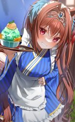 Rule 34 | 1girl, absurdres, animal ears, apron, blue kimono, blush, commentary request, daiwa scarlet (umamusume), food, hair between eyes, hair ribbon, hand on own hip, highres, holding, horse ears, horse girl, japanese clothes, kimono, long hair, looking at viewer, maid, ningen mame, red eyes, red hair, red ribbon, ribbon, shaved ice, smile, solo, striped clothes, striped kimono, tiara, twintails, umamusume, vertical-striped clothes, vertical-striped kimono, very long hair, wa maid, white apron
