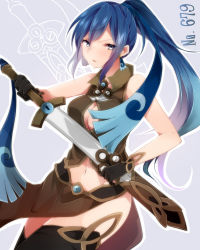 Rule 34 | 10s, 1girl, blue eyes, blue hair, breasts, cleavage cutout, clothing cutout, creatures (company), earrings, game freak, gen 6 pokemon, highres, honedge, jewelry, large breasts, long hair, matching hair/eyes, midriff, multicolored hair, navel, nintendo, personification, pokedex number, pokemon, pokemon (creature), pokemon xy, ponytail, solo, sword, two-tone hair, weapon, zinpati