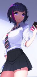 Rule 34 | 1girl, black hair, black necktie, black skirt, blush, breasts, cellphone, closed mouth, collared shirt, earrings, fujiya takao, highres, holding, holding phone, jewelry, large breasts, looking at viewer, multicolored hair, multicolored neckwear, nail polish, necktie, original, phone, pink hair, purple eyes, red nails, red necktie, shirt, short hair, skirt, smartphone, solo, striped necktie, stud earrings, white necktie, white shirt