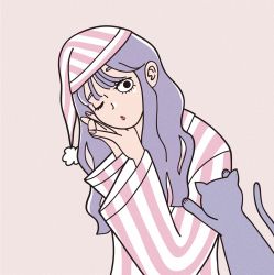 Rule 34 | 1girl, black eyes, cat, grey cat, grey hair, hands up, hat, highres, hoppe illust, long hair, long sleeves, nightcap, one eye closed, original, shirt, simple background, solo, striped clothes, striped shirt, tan background, upper body, wide sleeves