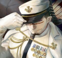 Rule 34 | 1boy, bara, black hair, coat, coat on shoulders, couch, facial hair, from above, goatee, hat, highres, kepi, kyo (pinestrain), large pectorals, looking at viewer, male focus, mature male, military, military hat, military uniform, muscular, muscular male, on couch, pectorals, scar, scar on face, scar on nose, short hair, sideburns, smile, solo, tokyo houkago summoners, undercut, uniform, yoritomo (housamo)