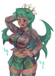 Rule 34 | blush, bra, breasts, chamame, cowboy shot, eyeshadow, fukua (skullgirls), green eyes, green hair, green lips, hand in own hair, hand on own hip, highres, large breasts, lipstick, long hair, makeup, navel, necktie, open mouth, pleated skirt, school uniform, see-through, shirt, skirt, skullgirls, smile, thighhighs, underwear, wet, wet clothes, wet shirt, white background
