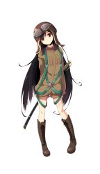 Rule 34 | 1girl, aviator cap, black hair, boots, brown footwear, cross-laced footwear, doi takami, formation girls, full body, goggles, goggles on headwear, highres, lace-up boots, long hair, looking at viewer, official art, red eyes, sheath, sheathed, short shorts, shorts, solo, standing, sw (taco), sword, transparent background, very long hair, weapon