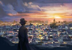 Rule 34 | 1boy, building, cathedral, chinese commentary, city, city lights, cityscape, cloud, commentary request, dusk, from behind, hat, highres, horizon, jacket, klein moretti, looking afar, lord of the mysteries, maikelaien, ocean, shirt, short hair, silhouette, solo, sun, sunset, white shirt