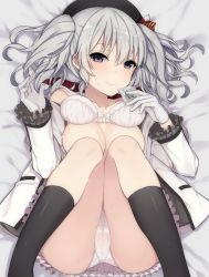 Rule 34 | 1girl, beret, blush, bow, bow bra, bra, bra lift, commentary request, condom wrapper, gloves, grey eyes, grey hair, hat, kantai collection, kashima (kancolle), knees together feet apart, on bed, oniku (oishii oniku), open clothes, open shirt, panties, shirt, solo, sweat, twintails, underwear, white panties