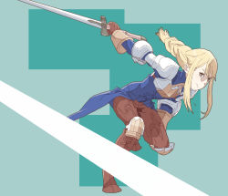 Rule 34 | 06erunium, 1girl, agrias oaks, armor, blonde hair, boots, braid, braided ponytail, breastplate, breasts, final fantasy, final fantasy tactics, gloves, highres, knight, long hair, single braid, solo, sword, weapon