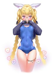 Rule 34 | 1girl, animal ear fluff, animal ears, bad id, bad pixiv id, black shirt, blonde hair, blue one-piece swimsuit, blush, braid, breasts, cameltoe, clothes lift, commentary, covered mouth, covered navel, cropped legs, girls&#039; frontline, glasses, hair between eyes, hair ornament, hairclip, hands up, heart, highres, lifting own clothes, long hair, long sleeves, looking at viewer, marmoset (marmoset0), old school swimsuit, one-piece swimsuit, purple eyes, rabbit ears, red-framed eyewear, round eyewear, school swimsuit, shirt, shirt lift, sidelocks, sleeves past wrists, small breasts, solo, sr-3mp (girls&#039; frontline), swimsuit, swimsuit under clothes, thigh gap, twin braids, twintails, very long hair, white background