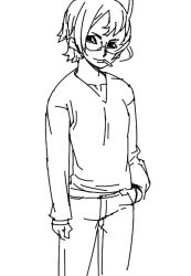 Rule 34 | 1boy, character request, copyright request, glasses, male focus, monochrome, outtake, solo, standing, tagme, white background