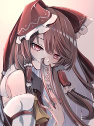 Rule 34 | 1girl, ascot, bare shoulders, bow, brown hair, detached sleeves, eyelashes, fingernails, frilled bow, frills, hair bow, hair tubes, hakurei reimu, highres, long hair, looking at viewer, ofuda, portrait, red bow, red eyes, shirt, sidelighting, sleeveless, sleeveless shirt, smile, solo, touhou, tsune (tune), yellow ascot