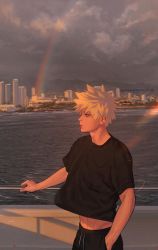 Rule 34 | 1boy, abs, alternate costume, artist name, bakugou katsuki, black pants, black shirt, blonde hair, boku no hero academia, cityscape, closed mouth, cloud, cloudy sky, cowboy shot, day, from side, frown, hand in pocket, highres, male focus, midriff, midriff peek, outdoors, pale skin, pants, profile, river, shirt, short hair, short sleeves, sky, solo, spiked hair, t-shirt, water, wengwengchim