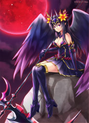 Rule 34 | 1girl, bad id, bad pixiv id, bare shoulders, black dress, boots, chisa, dress, elbow gloves, full moon, gloves, long hair, moon, persephone (p&amp;d), pointy ears, purple eyes, puzzle &amp; dragons, red moon, rock, scythe, sitting, sitting on rock, solo, strapless, strapless dress, thigh boots, thighhighs, tiara, wings
