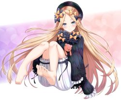 Rule 34 | 1girl, abigail williams (fate), barefoot, black bow, black dress, black hat, blonde hair, bloomers, blue eyes, blush, bow, bug, butterfly, closed mouth, dress, fate/grand order, fate (series), feet, full body, hair bow, hands in opposite sleeves, hat, head tilt, hugging object, insect, long hair, long sleeves, looking at viewer, orange bow, parted bangs, polka dot, polka dot bow, shimo (shimo 00), sitting, smile, soles, solo, stuffed animal, stuffed toy, teddy bear, toes, underwear, very long hair, white bloomers